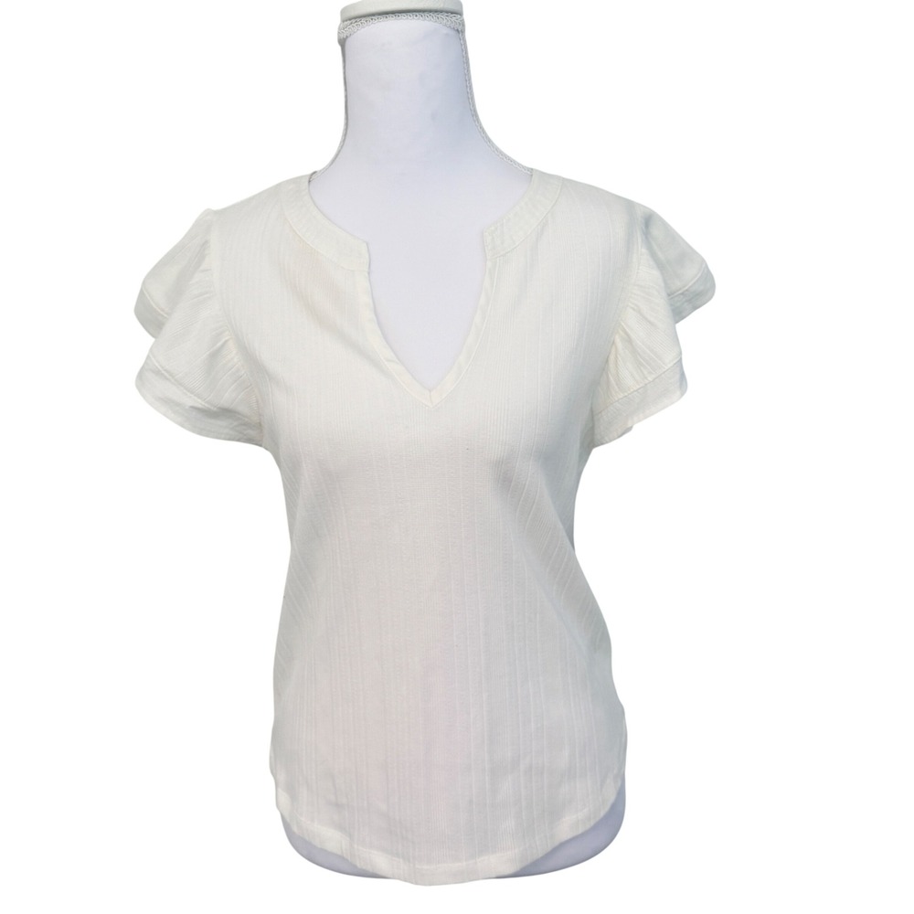 Democracy Flutter Sleeve Top Women XS Ivory White Ribbed Split Neck Knit Tee NEW